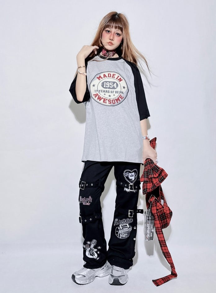 Buckle Straight-leg Punk and Black Guitar with Pants Straps Print