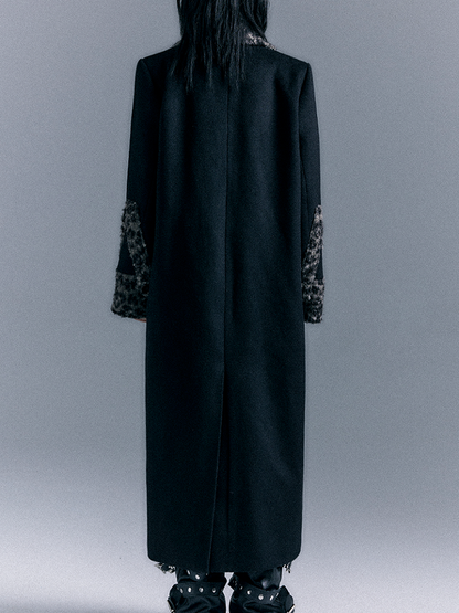 Black Wool Coat with Vintage Leopard Accents