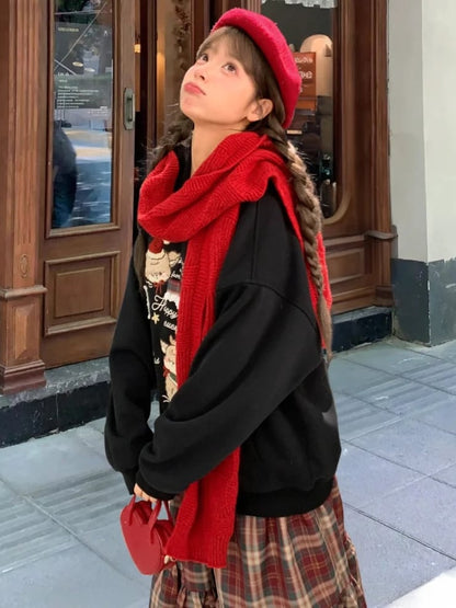 Black Cute Reindeer Appliques Thick Hoodie