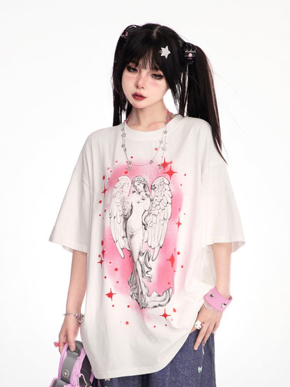 プリントルーズホワイトラウンドネックエンジェルTシャツ