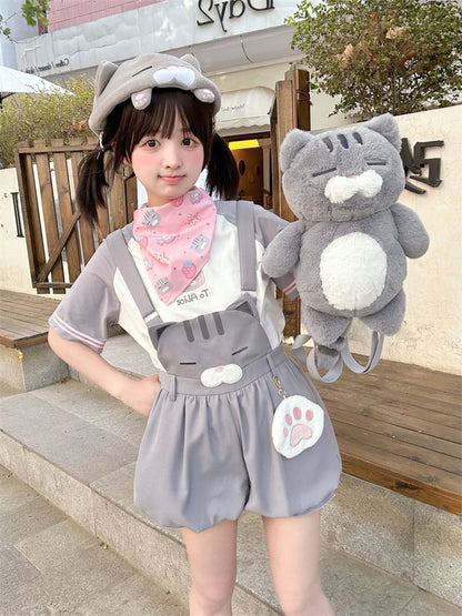 Shorts Bubble Overalls Adorable Kitty Pattern Gray