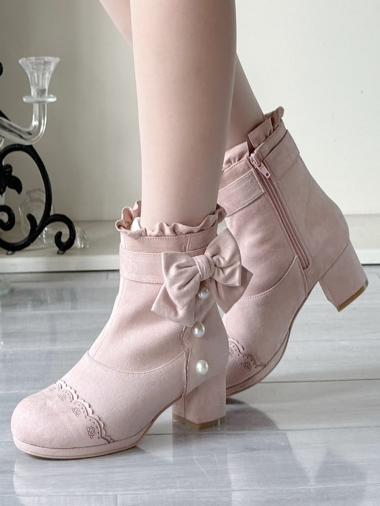 Elegant Lolita Decor Ankle Heel - with Collar Ruffle Mid Pink Boots Bead