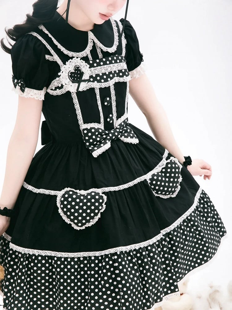 Kurze schwarze Bluse mit alten Kragenärmeln, flache Schule, Lolita, runde Baumwolle