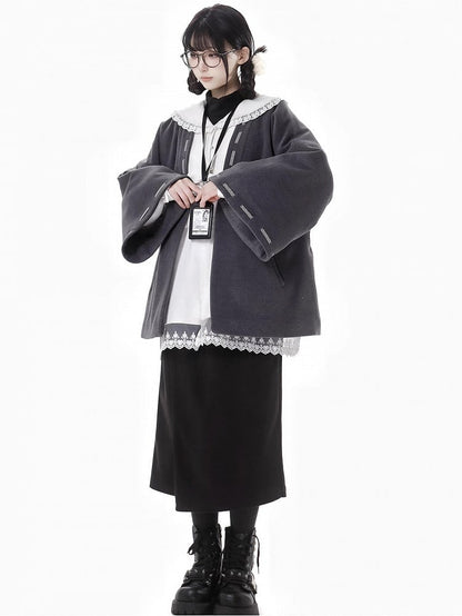 Black Detachable Shoulder Straps Overall Woolen Midi Skirt Asymmetrical Hem