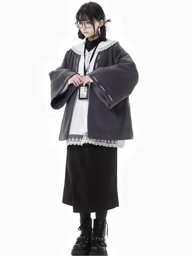 Dark Grey Bow Accents Open Placket Woolen Coat