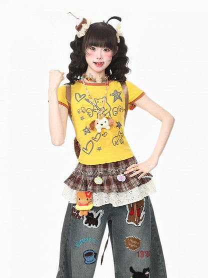 Yellow Crew Neck Short Sleeve T-Shirt with Graffiti Prints - Languid Park