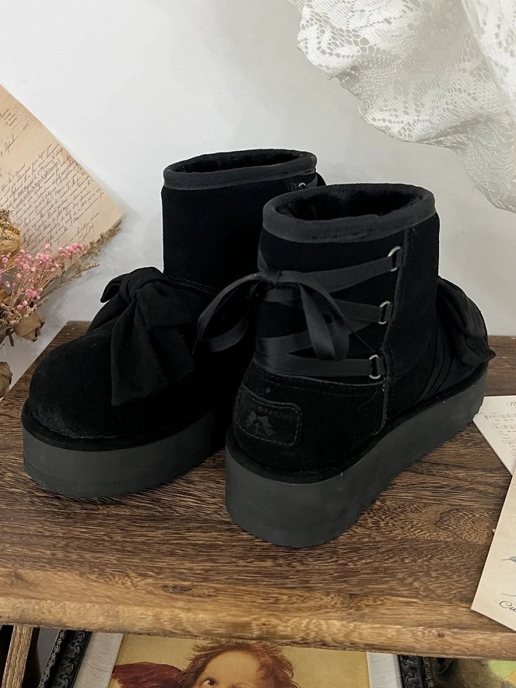 2.5cm Platform Sole Black Winter Boots for Lolita - Decorative Front Bow & Adjustable Back Lacing
