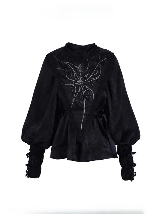 Blouse Embroidered with Detachable High-Neck Sleeves Black Spiderweb Lolita Long Gothic Sailor Collar