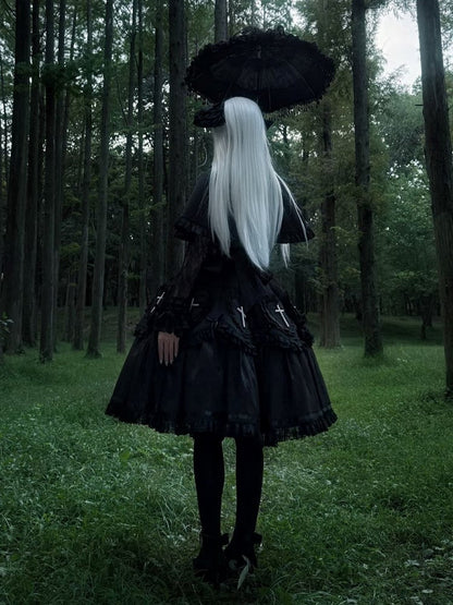 Decoration Ruffle Cross Beaded Lolita Hem Detail with Dress Lace Black and Gothic