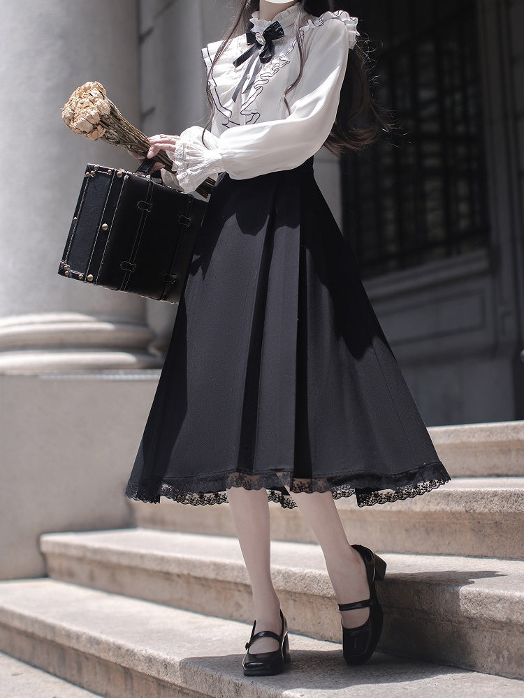 Long Kei Clean Faux Aesthetic with Flounce Innocent - White Elegant Neckline Two-Piece Tiered and Jirai Dress Black