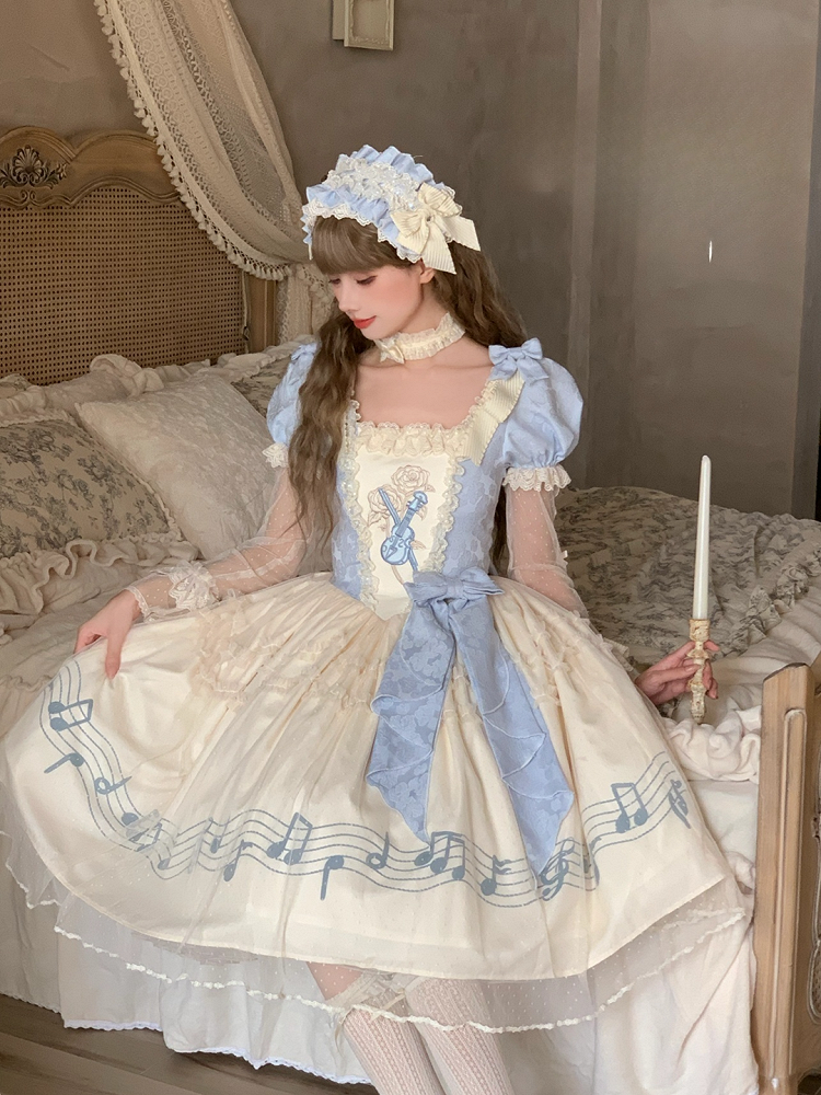 Lolita Blue Note Version Elegant Lace Dress Classic Musical Short Print Beige Violin Embroidery with