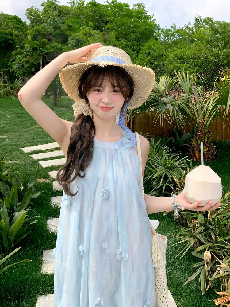 Blaues Neckholder-Kleid aus Chiffon mit floralen Akzenten