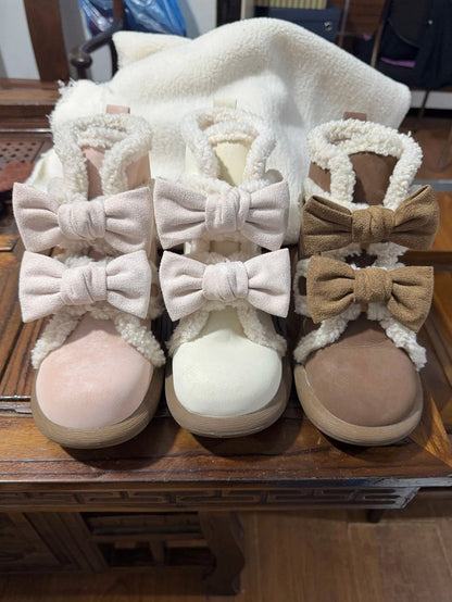 and Lining Ankle Sweet Fleece Removable White - Winter Lolita Bow Pink Details Boots