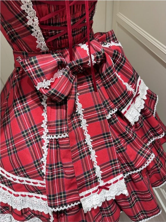Red-White Plaid Cotton JSK Dress with Ribbon Accent