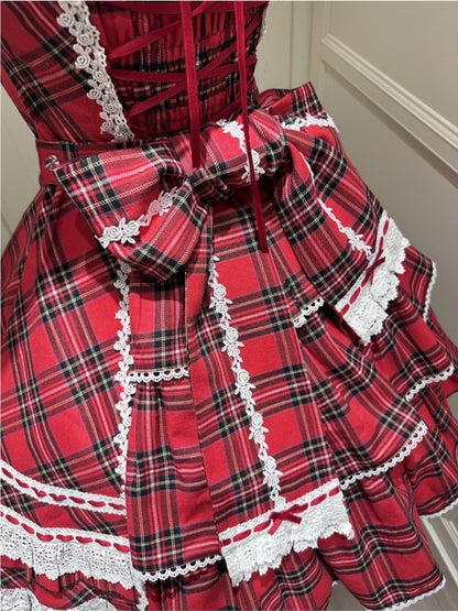 Red-White Plaid Cotton JSK Dress with Ribbon Accent