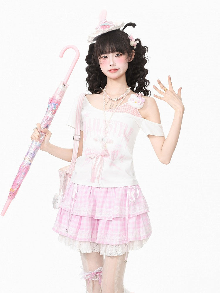 Off-Shoulder Pink Tee with Bow and Kitty Motif - Languid Park