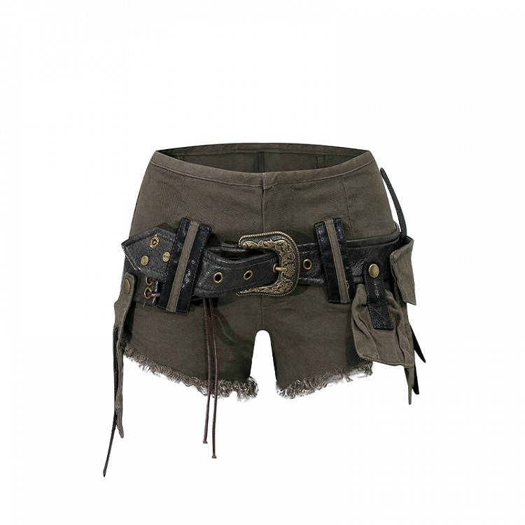 Braune Low Belt Rise Faded Wash Raw Hem Denim Shorts Schnalle mit