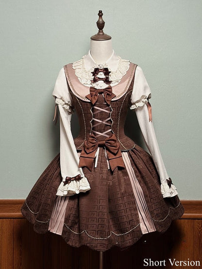 Scoop Scalloped with Dress Chocolate Lolita Edge Sweet Hem Neckline Brown