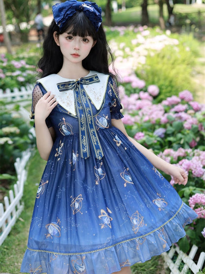 Navy Blue Celestial Globe & Starry Bow Accents Flounce Hem Lolita Dress