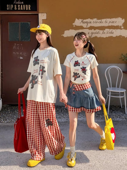 ワイドレッグパンツバージョン ショート/ロング 赤と白のチェック柄ベアプリント