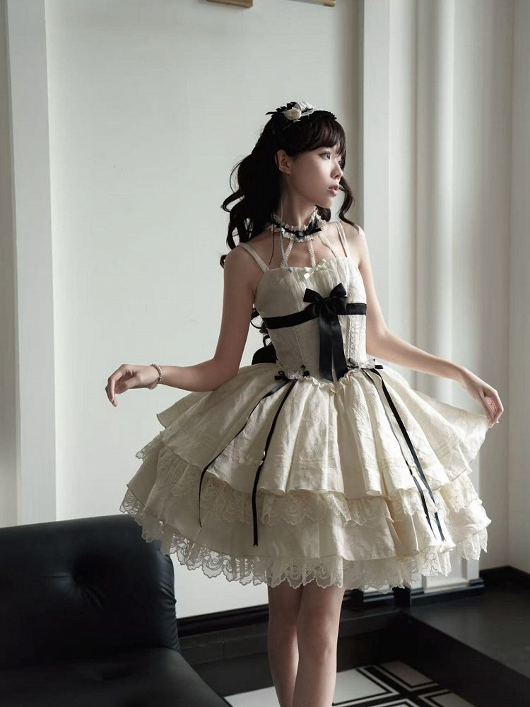 Apricot Lace-Trim JSK Dress with Black Bows - Die Die Zi