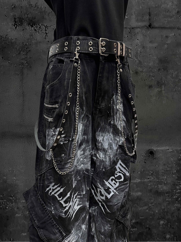 with Cargo Faded Wasteland Wash Paint-Splatter Black Jeans and Wide-Leg Punk Print