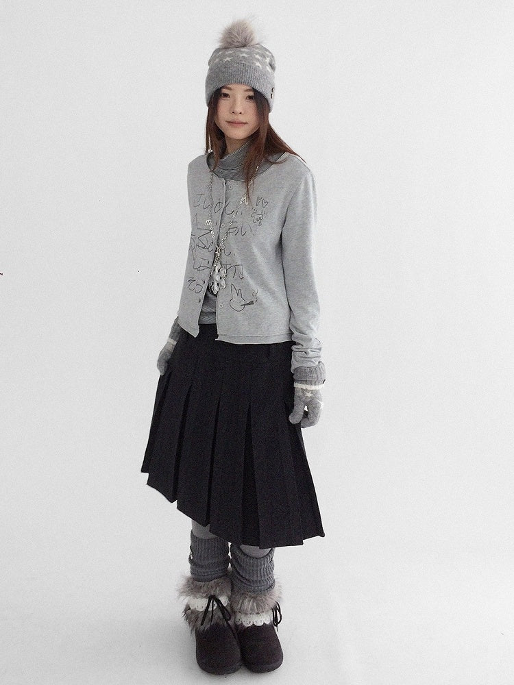 Neck Button Front Print with Cardigan Round - Grey Kawaii Letter Bunny Daily