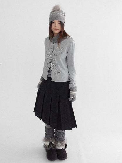 Neck Button Front Print with Cardigan Round - Grey Kawaii Letter Bunny Daily