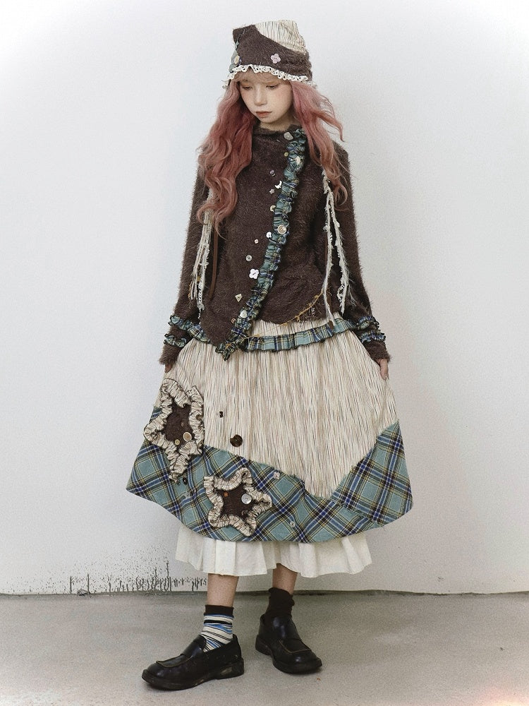 Bohemian Midi Skirt: Patchwork Green with Beige Kei Plaid Vintage Appliques Star Mori