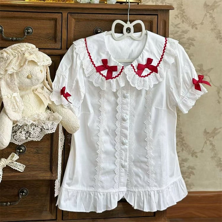 Details Peter Lolita Short-Sleeve Lace Trim with Bow Blouse Red Collar and Pan