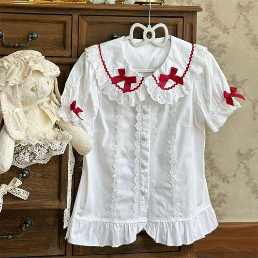 Details Peter Lolita Short-Sleeve Lace Trim with Bow Blouse Red Collar and Pan