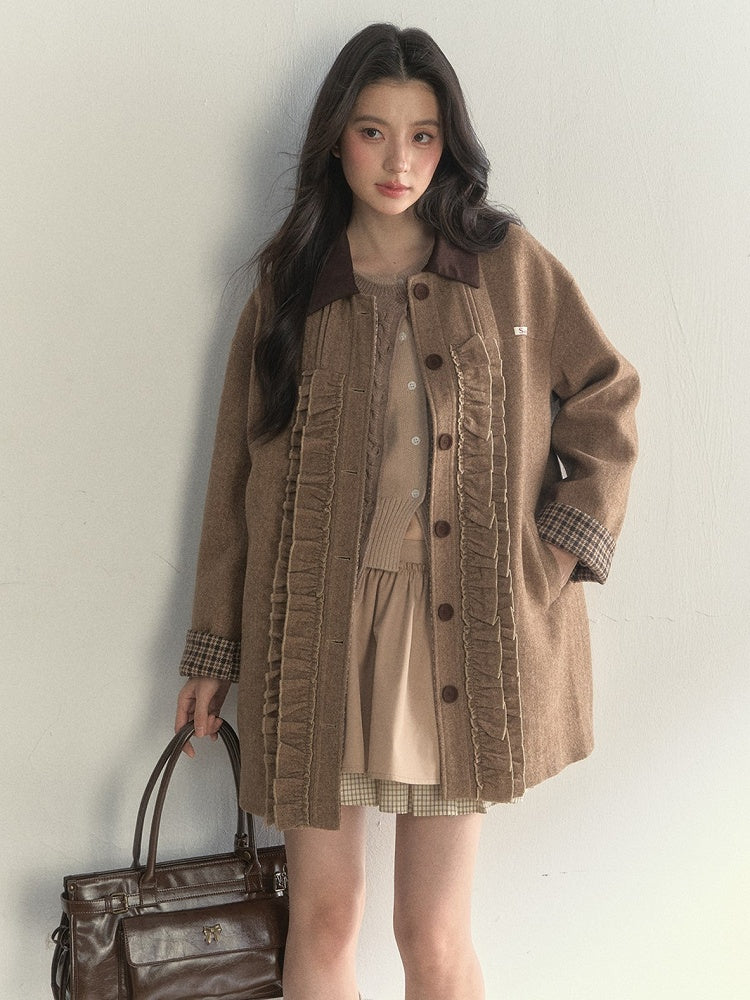 Brown Cuffs with Plaid Coat Sweet Details Ruched Houndstooth