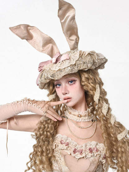 Lace Elegance Accent Bunny Hat Pink – Bow French Ear
