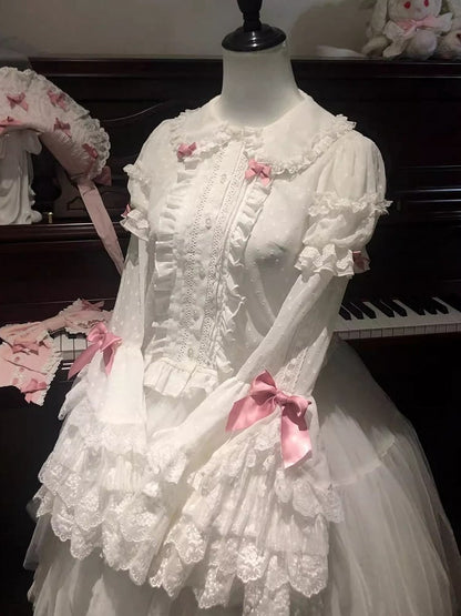 Rosa Ärmel Bluse Glocke Lange Schleifen Verziert Layered Weiß