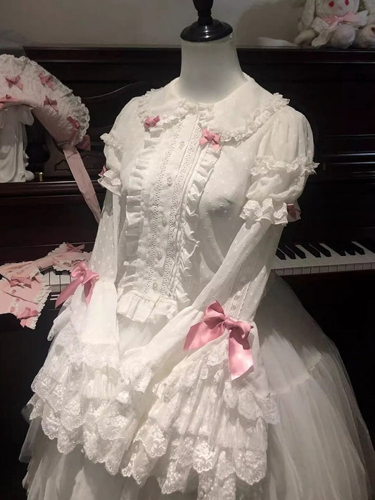 Pink Sleeves Blouse Bell Long Bows Decorated Layered White