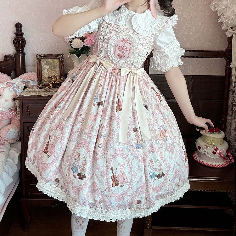 Light High Violin Lolita Bunny and Yellow Waist Print Dress Sweet JSK