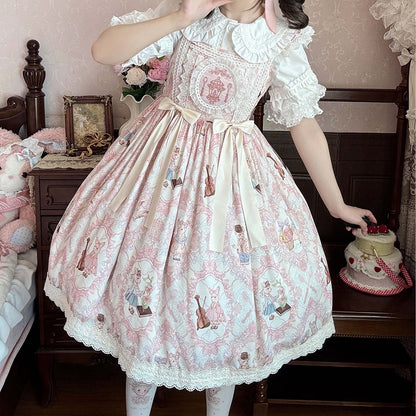 Light High Violin Lolita Bunny and Yellow Waist Print Dress Sweet JSK
