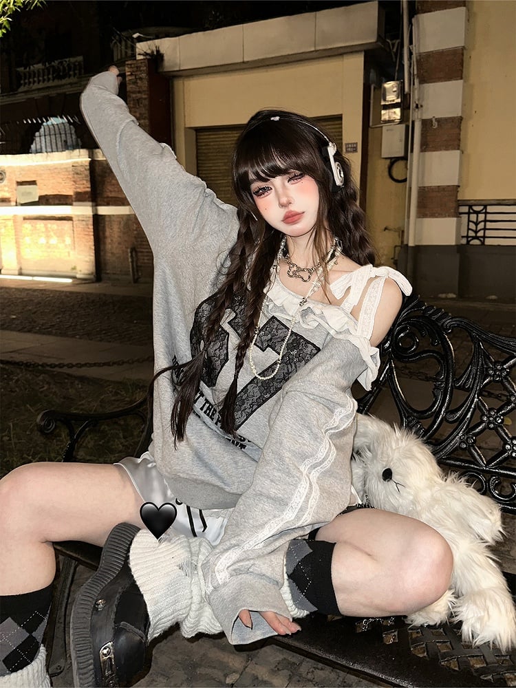 Embroidered Applique Asymmetrical with Number Lace Gray Sweatshirt