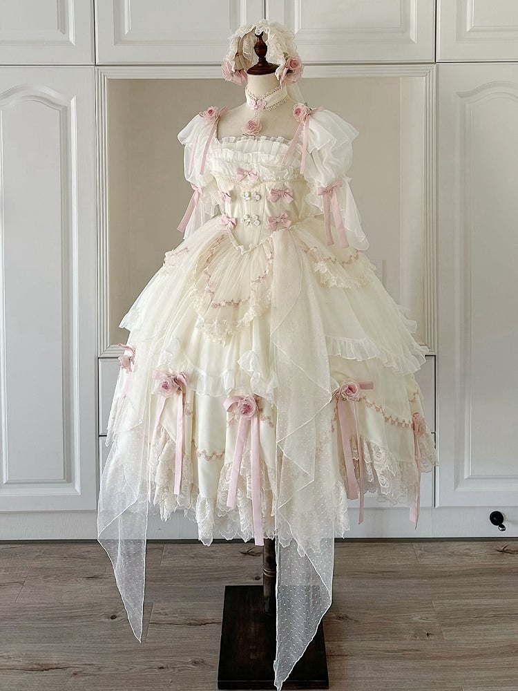 Beige Floral Fairy Basque Waist Bowknots Decoration Hanayome Lolita OP / Full Set