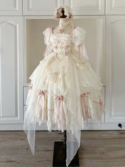 Beige Floral Fairy Basque Waist Bowknots Decoration Hanayome Lolita OP / Full Set