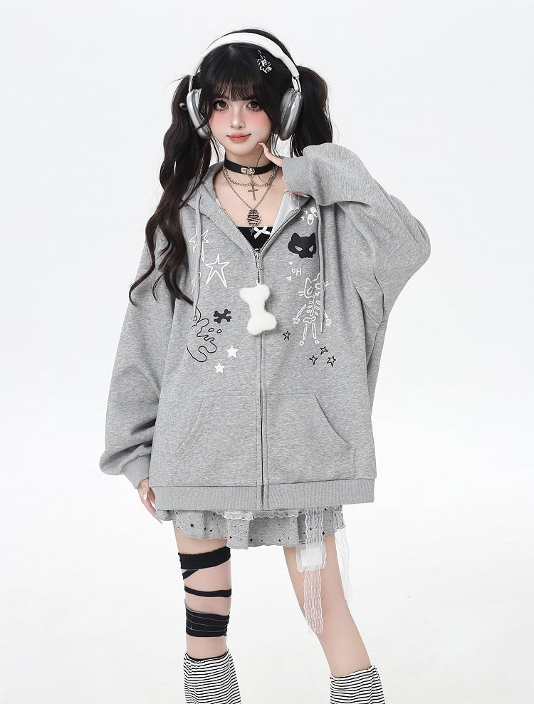 Bone Plushie Black/Gray Zip-up Hoodie with Kitty Ears Hood and