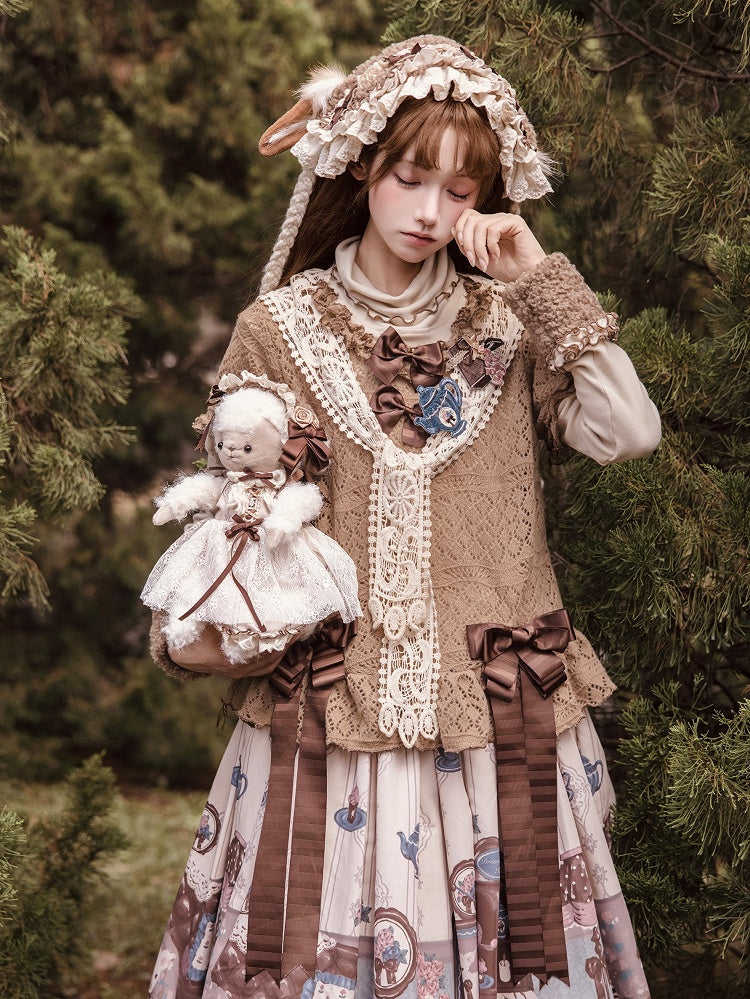 Top Lace-Knit Light Sleeves Lolita Brown Short