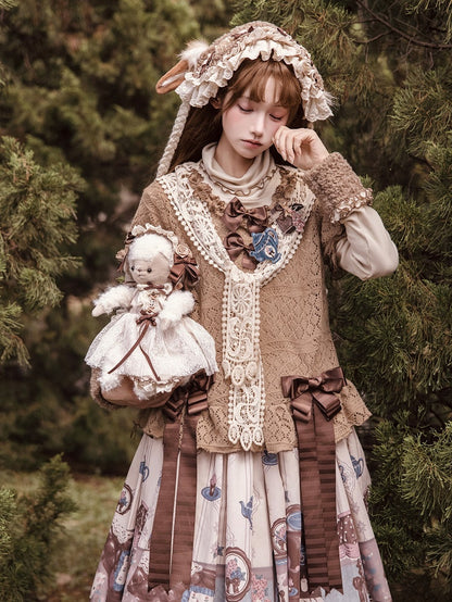 Top Lace-Knit Light Sleeves Lolita Brown Short