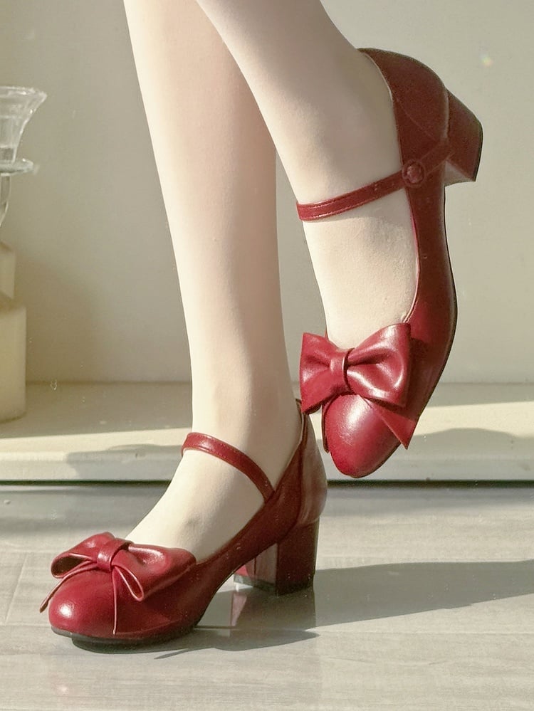 Elegant Wine Red Mid-heel Shoes for Lolita - PU Leather with Bow Details & Snap Design