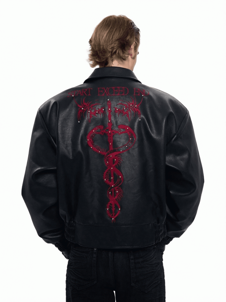 Embroidery Cropped Details with Men's Jacket Studded Thorn PU Black Snake