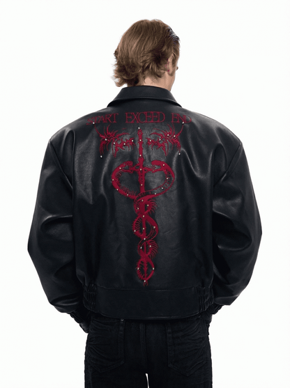 Embroidery Cropped Details with Men's Jacket Studded Thorn PU Black Snake