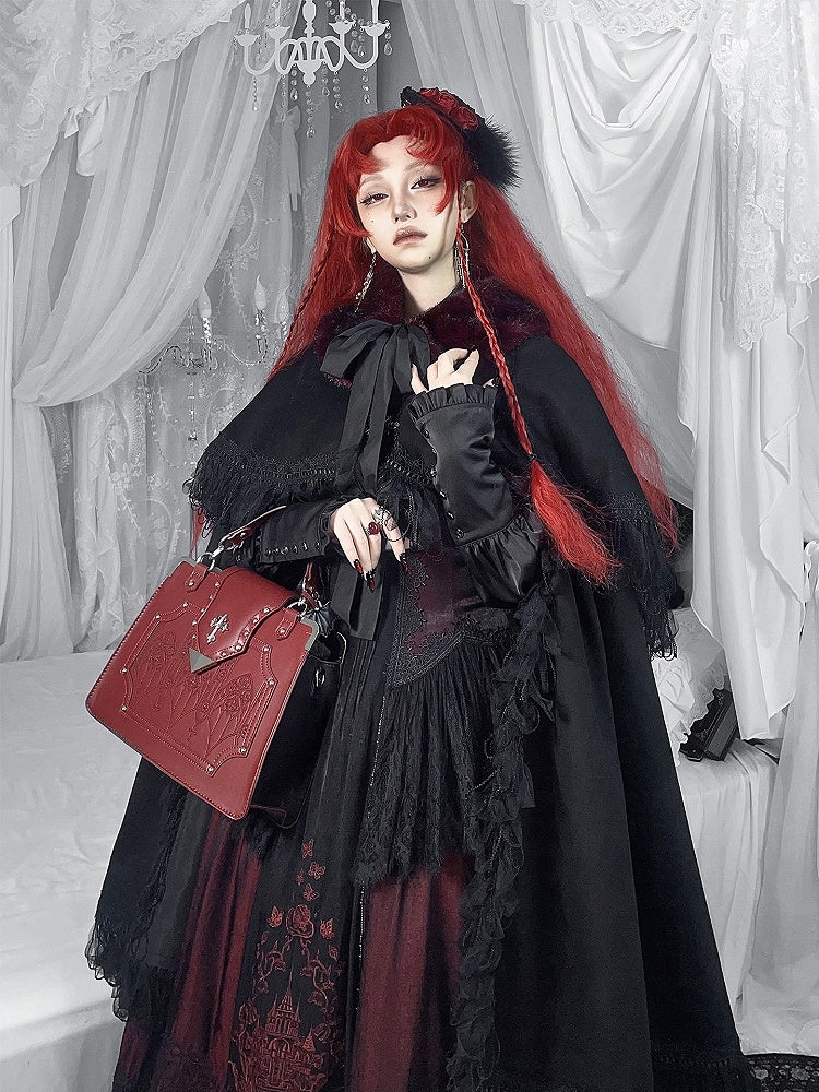 Neckline Embroidered Square Dress+Blouse+Cape+Brooch Set Red Lolita Black Gothic