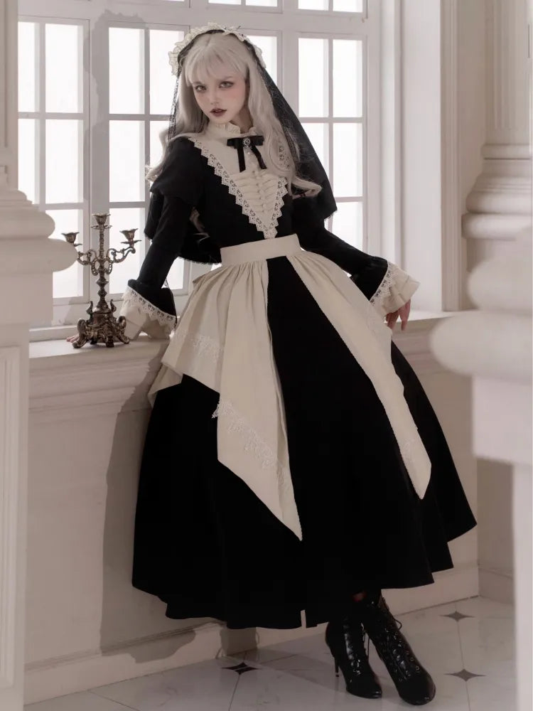 Elegant Black and Beige Ruffle Banded Collar Gothic Nun Lolita Dress Long Version