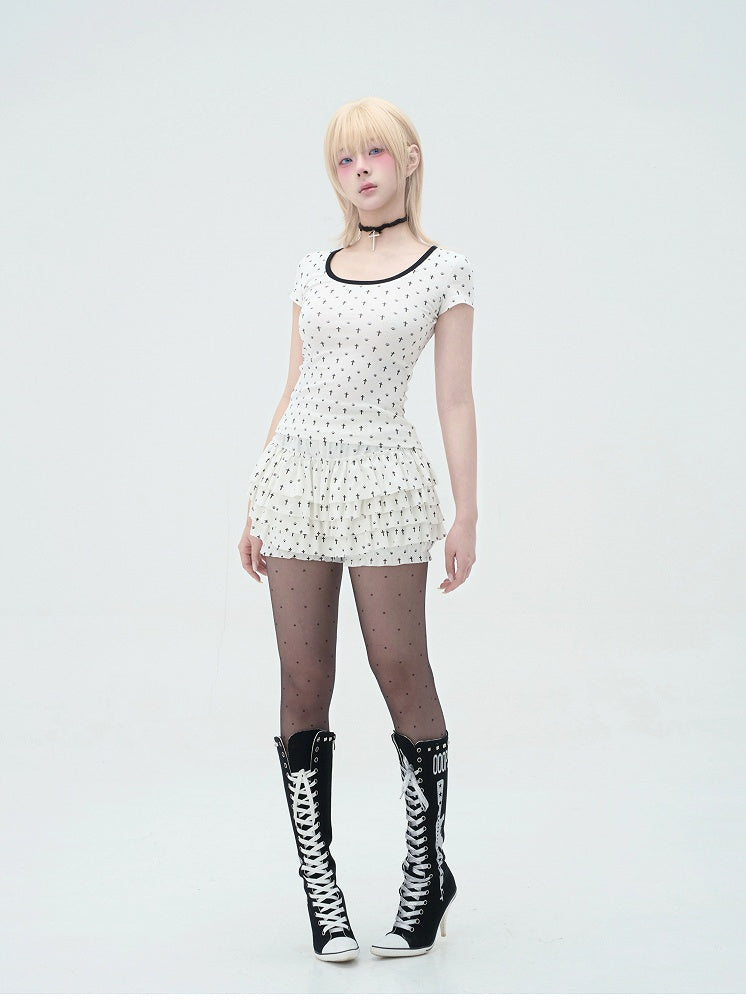 Pastel Gothic White Allover Cat Paw and Cross Print Tiered Ruffles Skort
