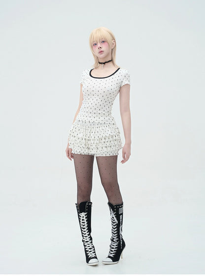 Pastel Gothic White Allover Cat Paw and Cross Print Tiered Ruffles Skort